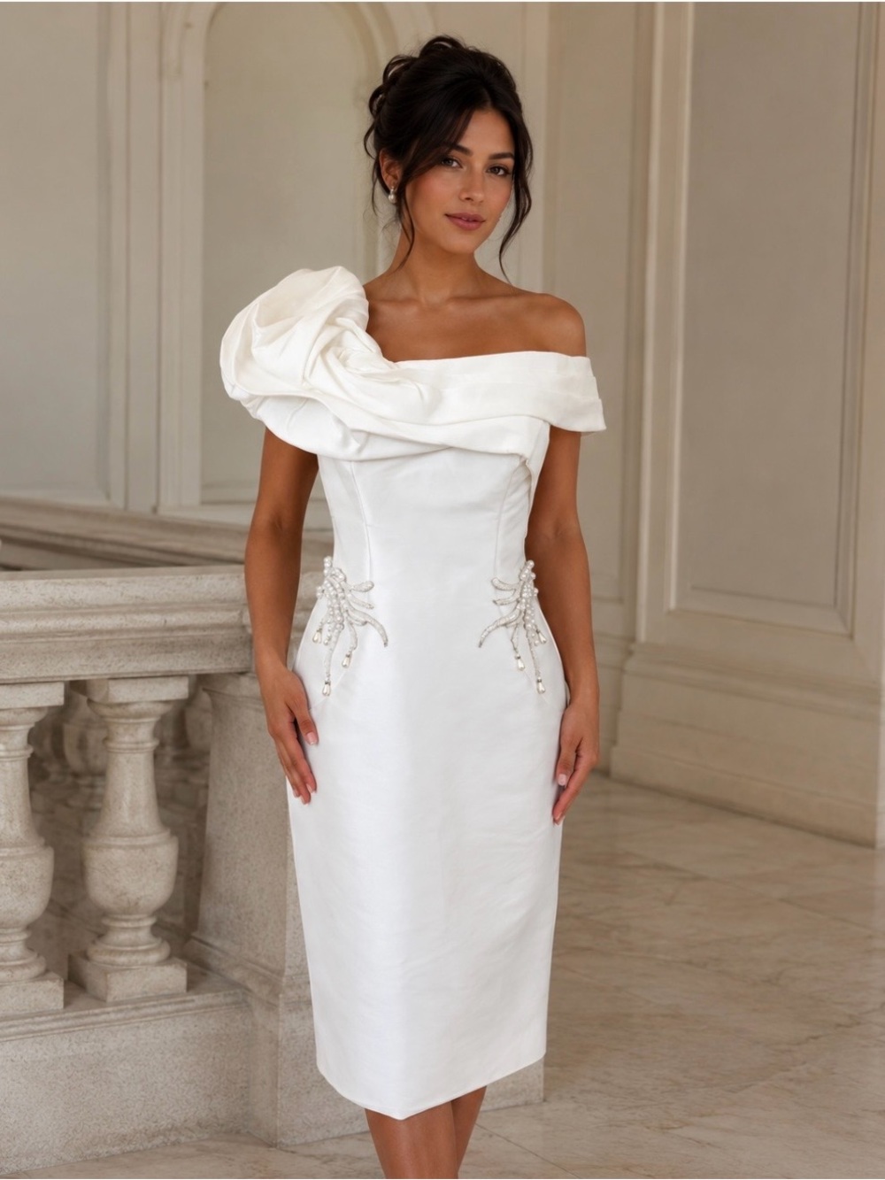 Terani Couture White Mikado Satin Pearl Dress